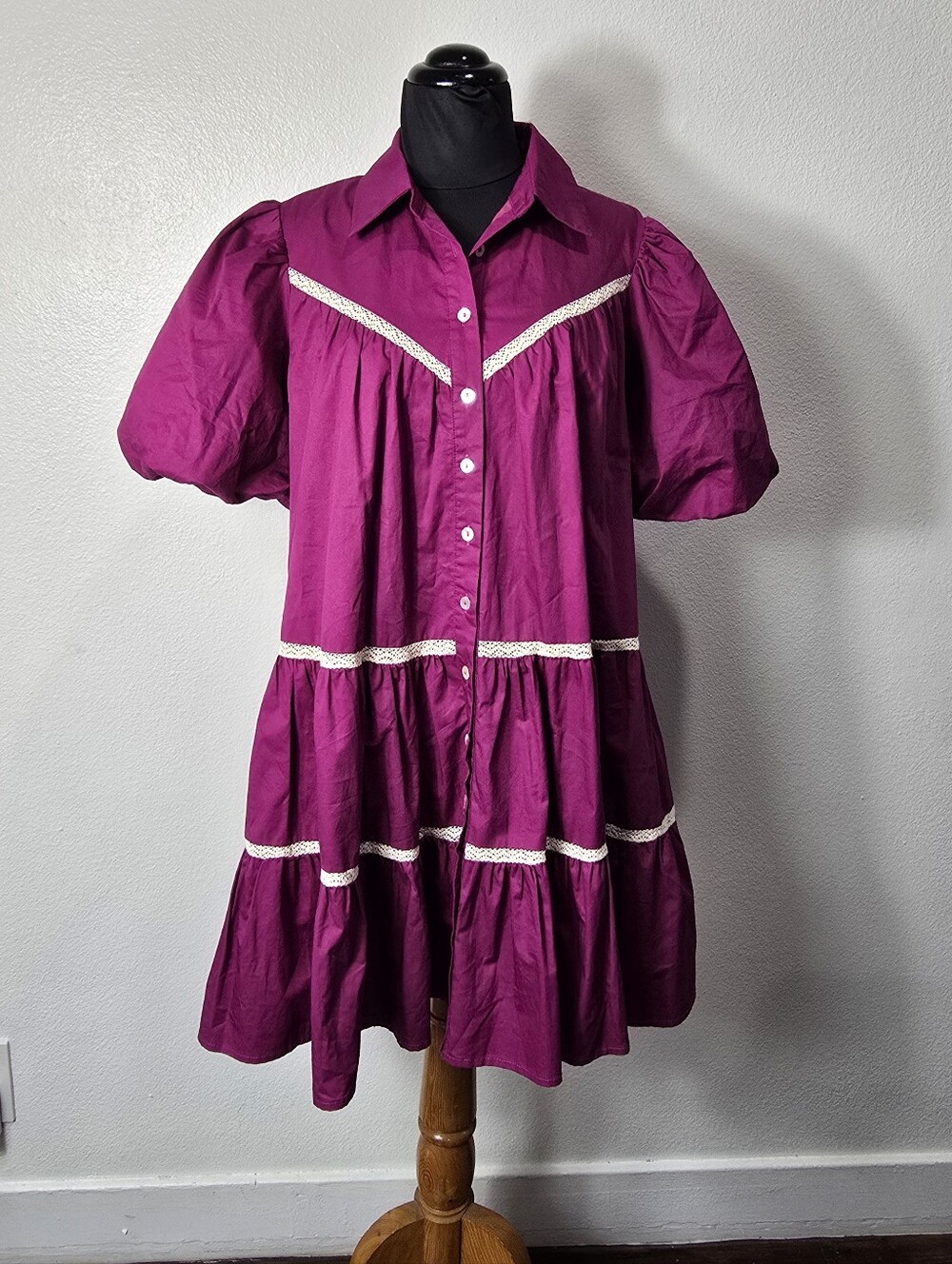 In The Begenning Magenta Tiered Button-Front Babydoll Dress. Boho